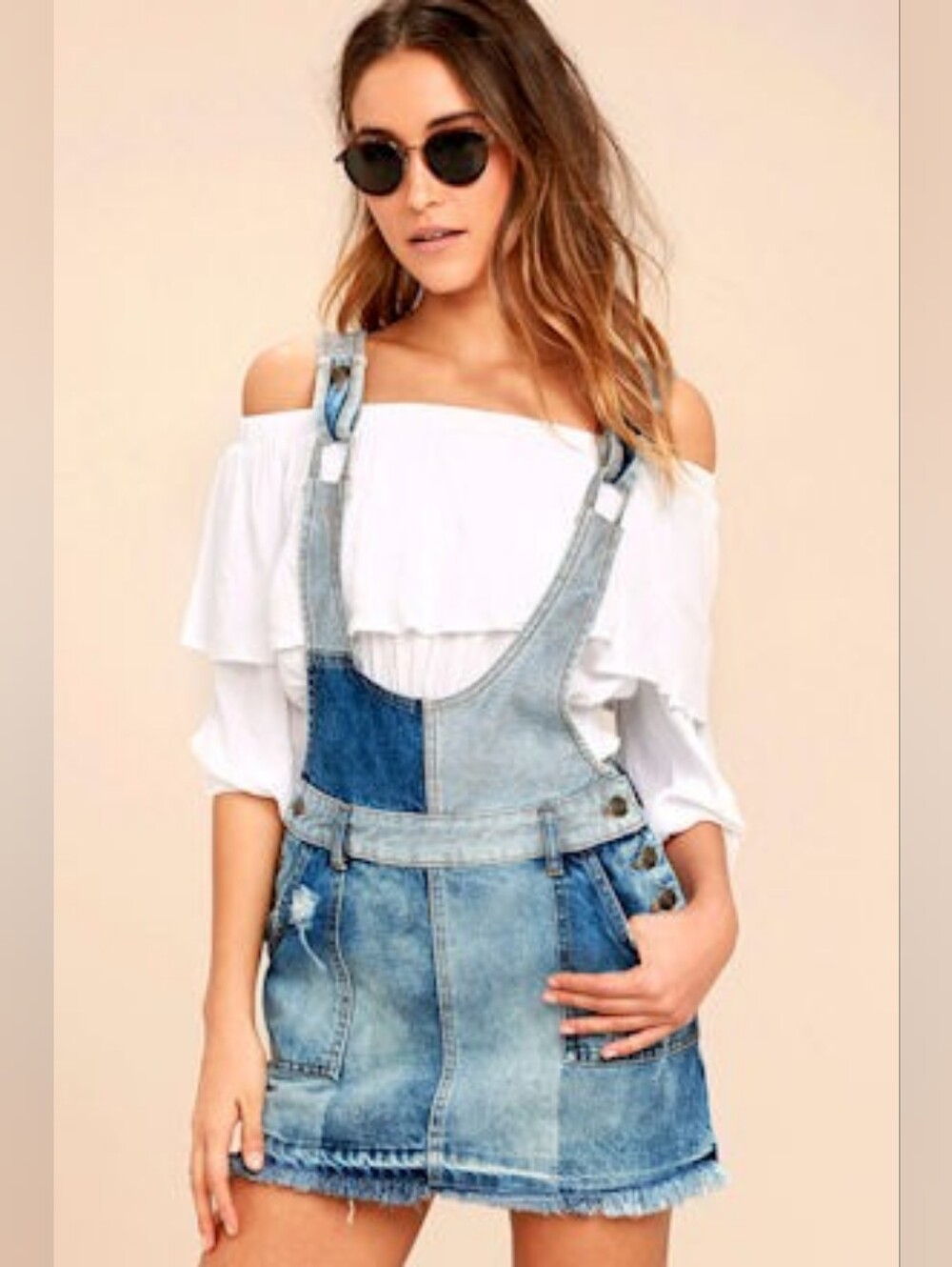 Free People Patchwork Blues Denim Overalls Dress Skirt Size 2